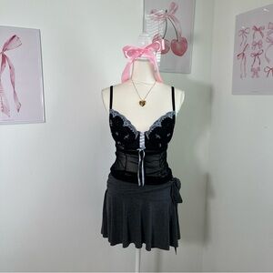 Vintage Y2K Delicates‎ Black Blue Lace Floral Mesh Corset Bustier Top Womens Med